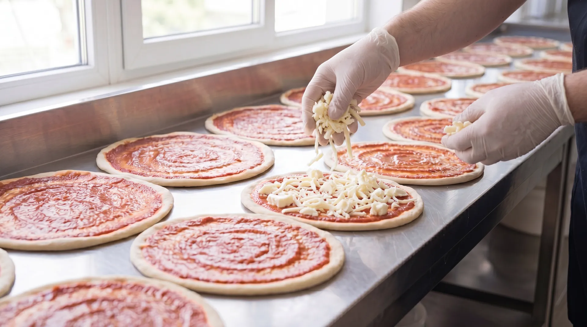 Prepizzas con salsa y mozzarella en la cocina de Josefina